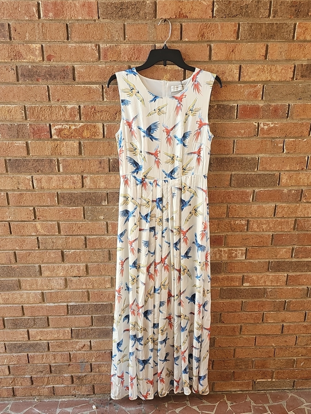 Molly Bracken Cream Maxi Dress with Blue, Coral & Yellow Bird Motif Size 8-10